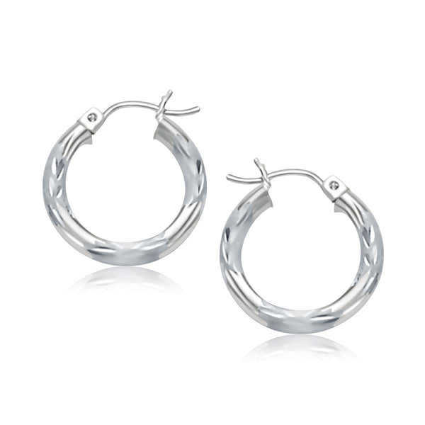 14k White Gold Hoop Earrings with Diamond Cuts (3x15mm) - Premium Earrings - Just $247.99! Shop now at Pulse Designer Fashion