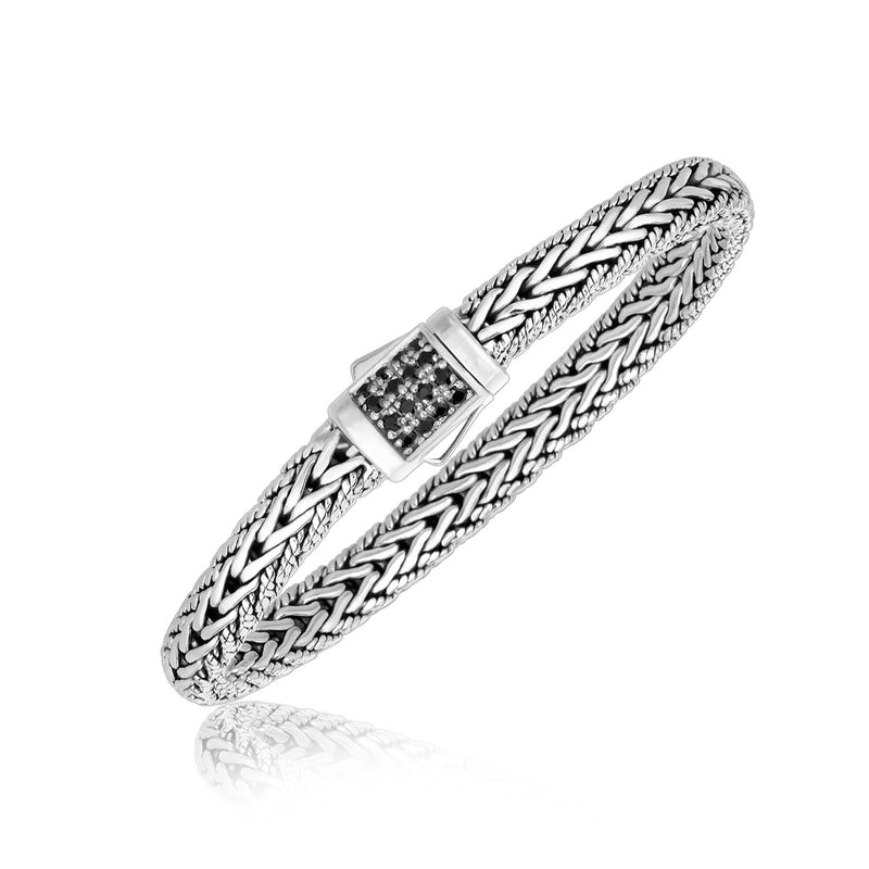 Sterling Silver Braided Style Mens Bracelet with Black Sapphire Accents (1.70 mm) - Premium Bracelets - Just $430.99! Shop now at Pulse Designer Fashion