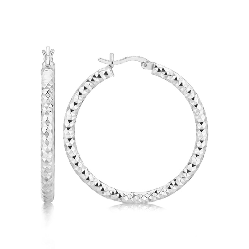 Sterling Silver Faceted Motif Large Hoop Earrings with Rhodium Plating(4x25mm) - Premium Earrings - Just $59.99! Shop now at Pulse Designer Fashion