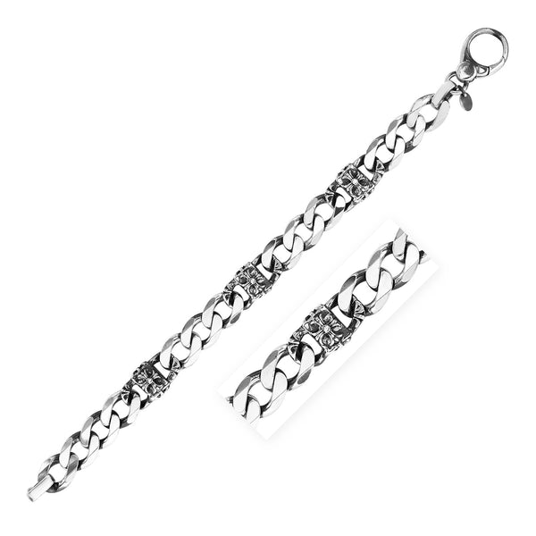 Sterling Silver Gunmetal Finish Cuban Link Bracelet with Floral Design (11.50 mm) - Premium Bracelets - Just $390.99! Shop now at Pulse Designer Fashion