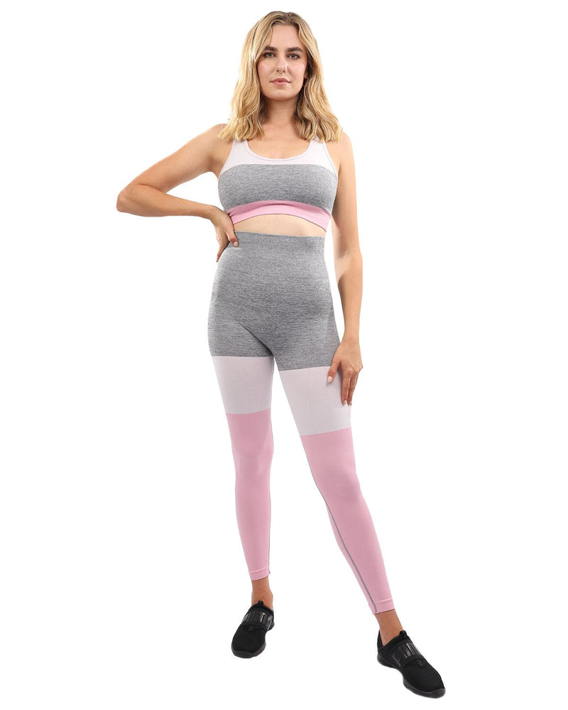 Graca Seamless Leggings & Sports Bra Set - Grey With Pink & White - Premium Seamless Leggings & Sports Bra Set - Just $110.75! Shop now at Pulse Designer Fashion