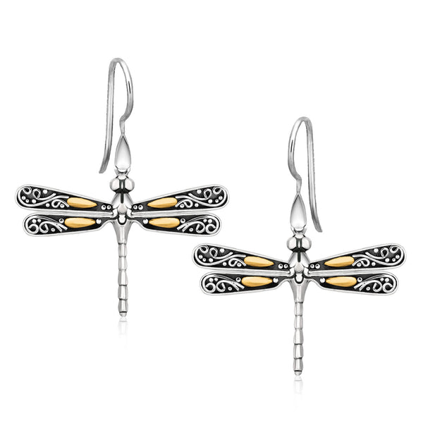 18k Yellow Gold and Sterling Silver Dragonfly Motif Drop Earrings - Premium Earrings - Just $173.99! Shop now at Pulse Designer Fashion