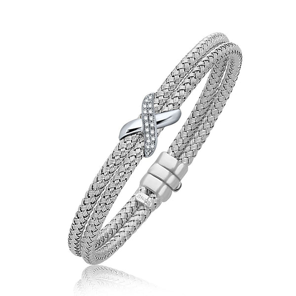 Diamond Accented X Station Weave Bangle in 14k White Gold (.17 cttw) - Premium Bangles - Just $3568.99! Shop now at Pulse Designer Fashion