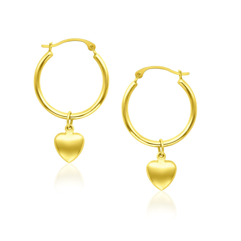 14k Yellow Gold Hoop Earrings with Dangling Puffed Heart - Premium Earrings - Just $197.99! Shop now at Pulse Designer Fashion