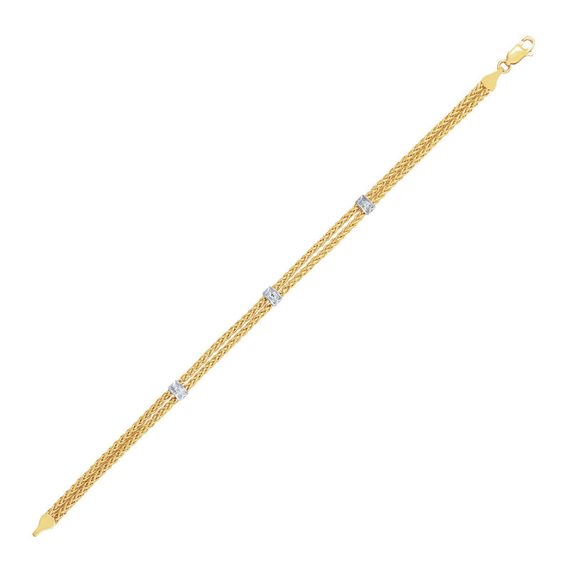 14k Two-Tone Gold Dual Wheat Chain Bracelet with Diamond Stations (.02 cttw) - Premium Bracelets - Just $747.99! Shop now at Pulse Designer Fashion