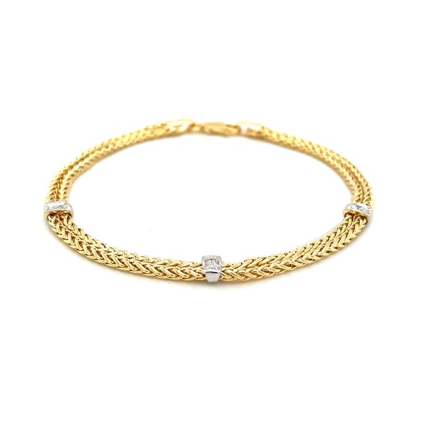 14k Two-Tone Gold Dual Wheat Chain Bracelet with Diamond Stations (.02 cttw) - Premium Bracelets - Just $747.99! Shop now at Pulse Designer Fashion