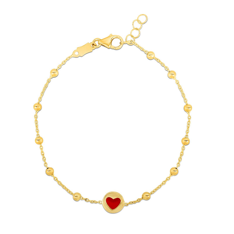 14k Yellow Gold Childrens Bracelet with Beads and Enameled Heart - Premium Bracelets - Just $292.99! Shop now at Pulse Designer Fashion