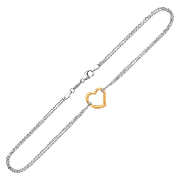 14k Yellow Gold and Sterling Silver Anklet with a Single Open Heart Station - Premium Anklets - Just $177.99! Shop now at Pulse Designer Fashion