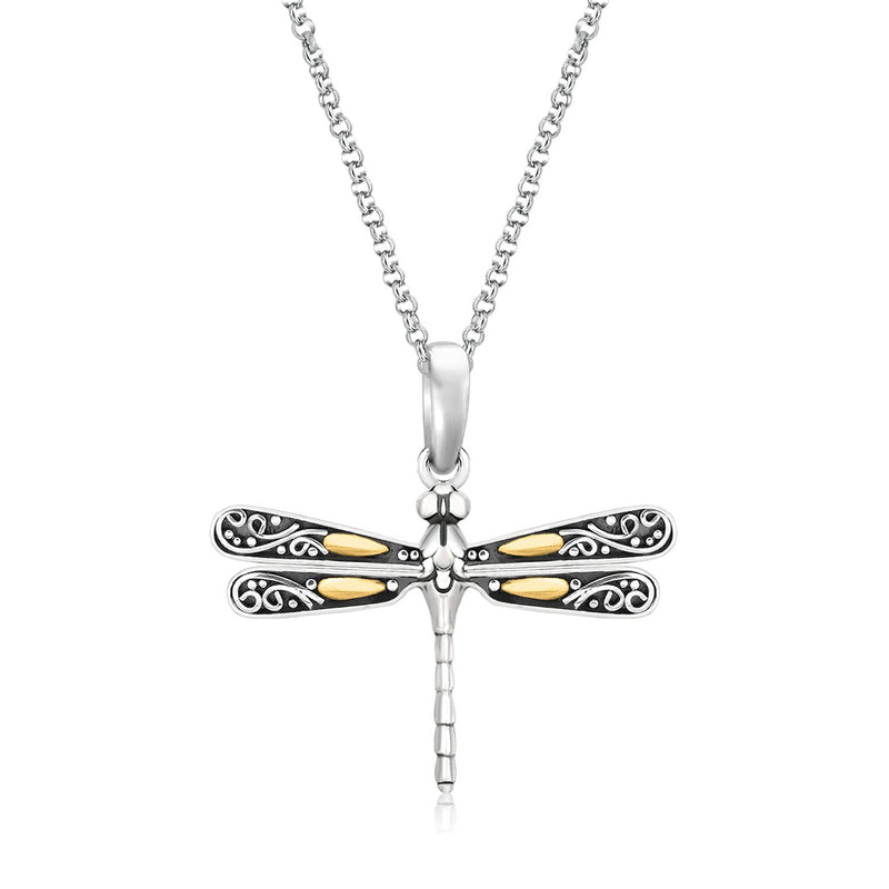 18k Yellow Gold and Sterling Silver Pendant in a Dragonfly Design - Premium Pendants - Just $142.99! Shop now at Pulse Designer Fashion