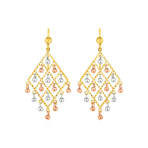 Textured Chandelier Earrings with Ball Drops in 14k Tri Color Gold - Premium Earrings - Just $472.99! Shop now at Pulse Designer Fashion