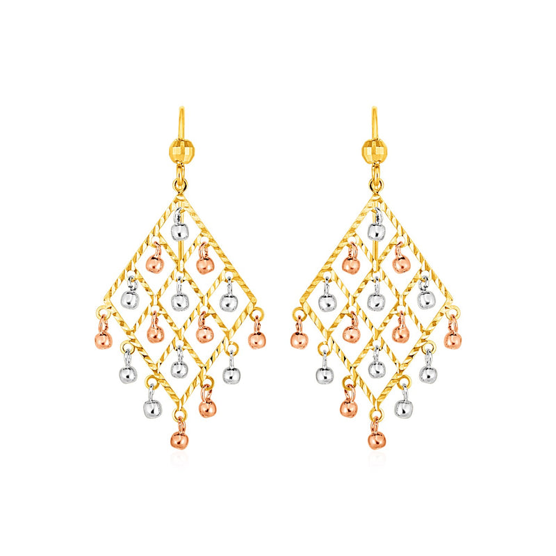 Textured Chandelier Earrings with Ball Drops in 14k Tri Color Gold - Premium Earrings - Just $472.99! Shop now at Pulse Designer Fashion