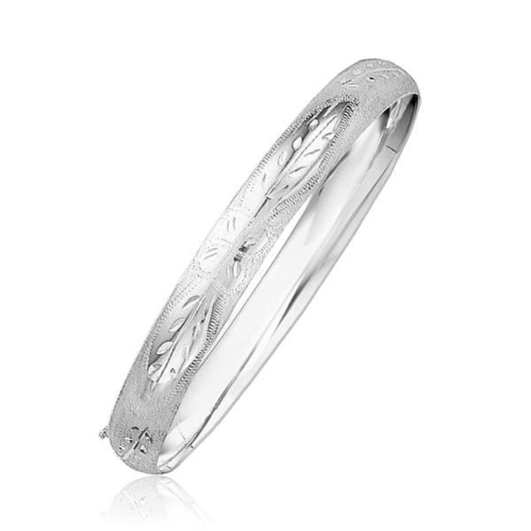 Classic Floral Carved Bangle in 14k White Gold (8.0mm) - Premium Bangles - Just $1686.99! Shop now at Pulse Designer Fashion