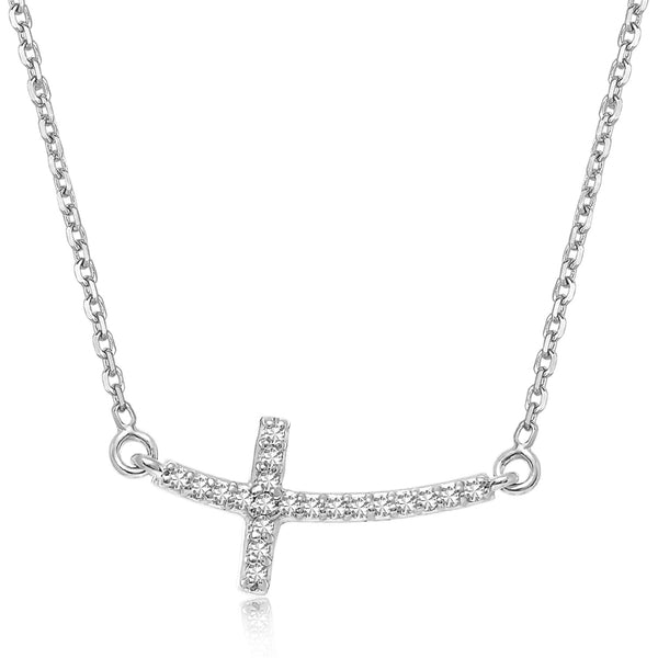 14k White Gold Curved Cross Diamond Studded Necklace (.11cttw) - Premium Necklaces - Just $795.99! Shop now at Pulse Designer Fashion