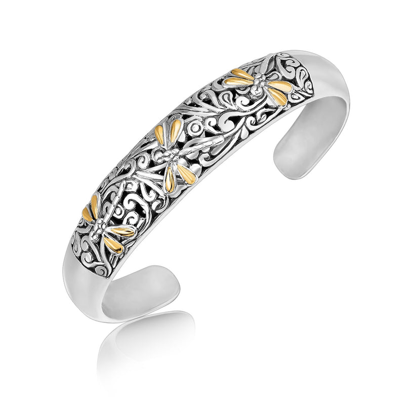 18k Yellow Gold and Sterling Silver Cuff with Dragonfly and Flourishes - Premium Bangles - Just $760.99! Shop now at Pulse Designer Fashion