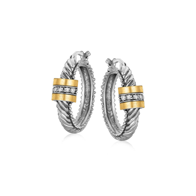 18k Yellow Gold and Sterling Silver Diamond Italian Cable Style Hoop Earrings - Premium Earrings - Just $653.99! Shop now at Pulse Designer Fashion