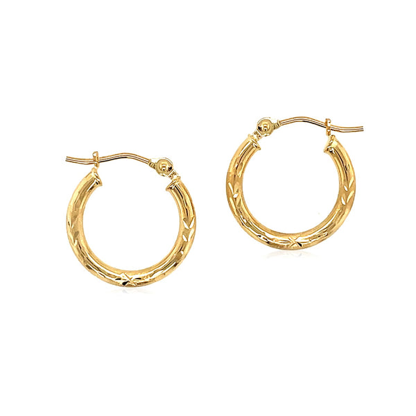 14k Yellow Gold Fancy Diamond Cut Slender Small Hoop Earrings (15mm Diameter) - Premium Earrings - Just $176.99! Shop now at Pulse Designer Fashion