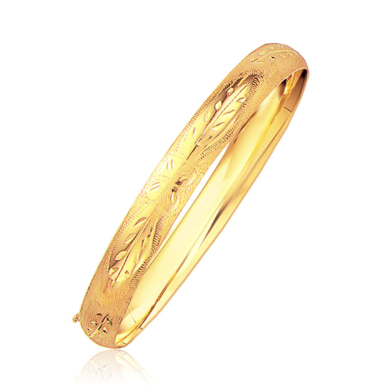 Classic Floral Carved Bangle in 14k Yellow Gold (8.0mm) - Premium Bangles - Just $1593.99! Shop now at Pulse Designer Fashion