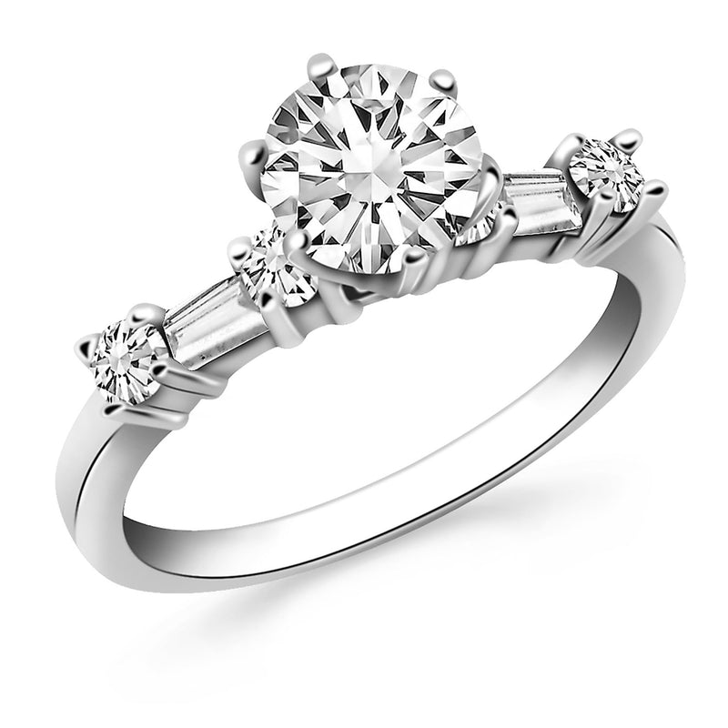 14k White Gold Engagement Ring with Round and Baguette Diamonds - Premium Rings - Just $4811.99! Shop now at Pulse Designer Fashion