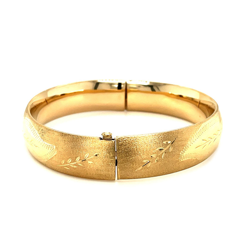 Classic Floral Carved Bangle in 14k Yellow Gold (13.5mm) - Premium Bangles - Just $2910.99! Shop now at Pulse Designer Fashion