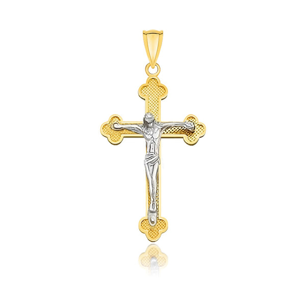 14k Two-Tone Gold Small Budded Style Cross with Figure Pendant - Premium Pendants - Just $310.99! Shop now at Pulse Designer Fashion