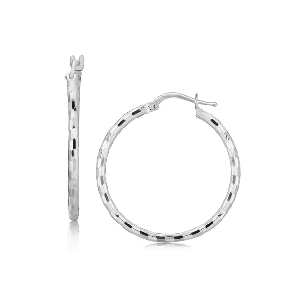 Sterling Silver Hoop Design Diamond Cut Earrings with Rhodium Plating (26mm) - Premium Earrings - Just $84.99! Shop now at Pulse Designer Fashion