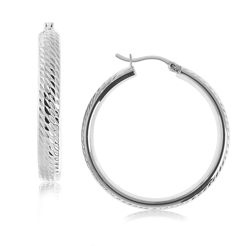 Sterling Silver Rhodium Plated Hoop Marquise Motif Diamond Cut  Earrings (30mm) - Premium Earrings - Just $91.99! Shop now at Pulse Designer Fashion