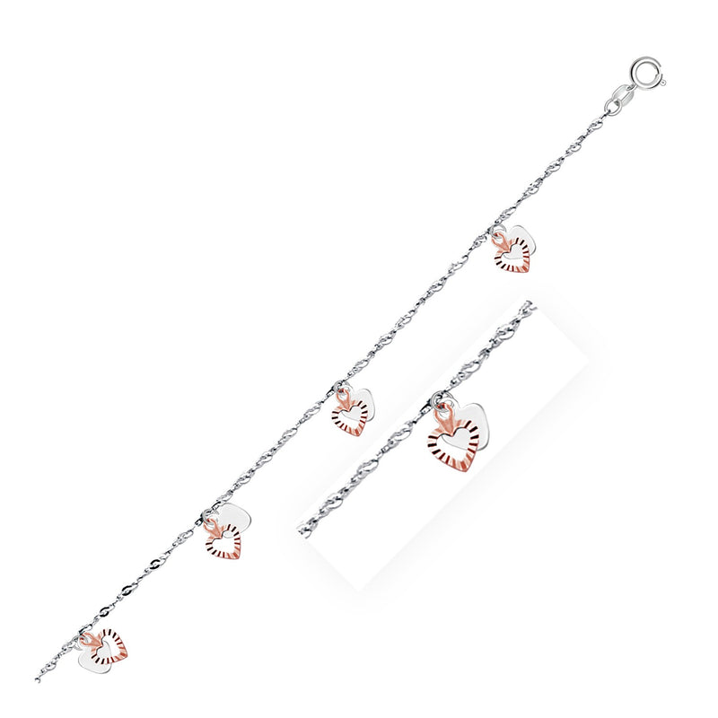 14k White and Rose Gold Anklet with Dual Heart Charms - Premium Anklets - Just $339.99! Shop now at Pulse Designer Fashion