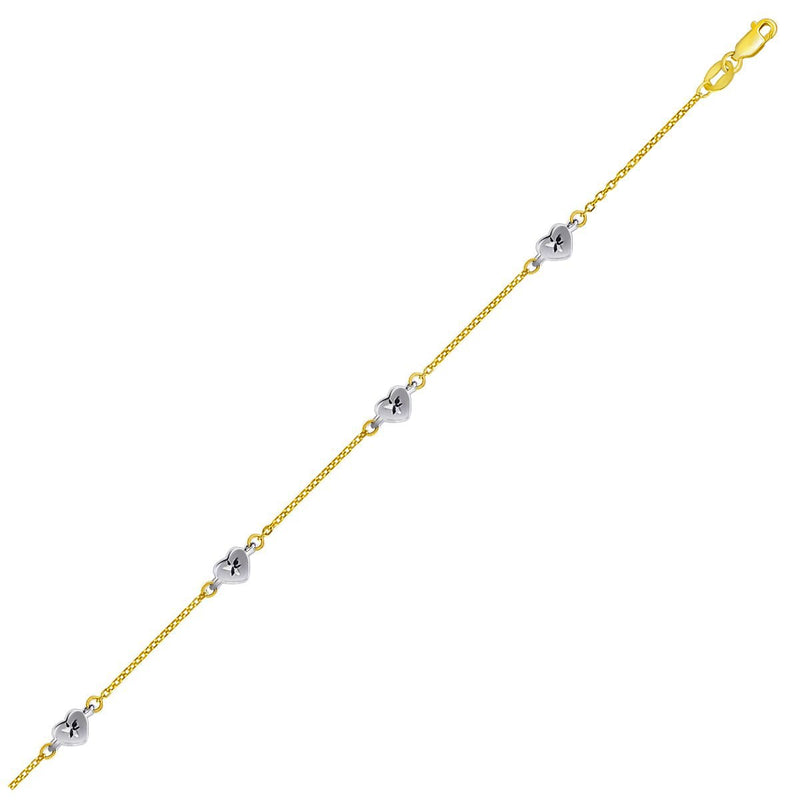 14k Two Tone Gold Anklet with Diamond Cut Heart Style Stations - Premium Anklets - Just $327.99! Shop now at Pulse Designer Fashion