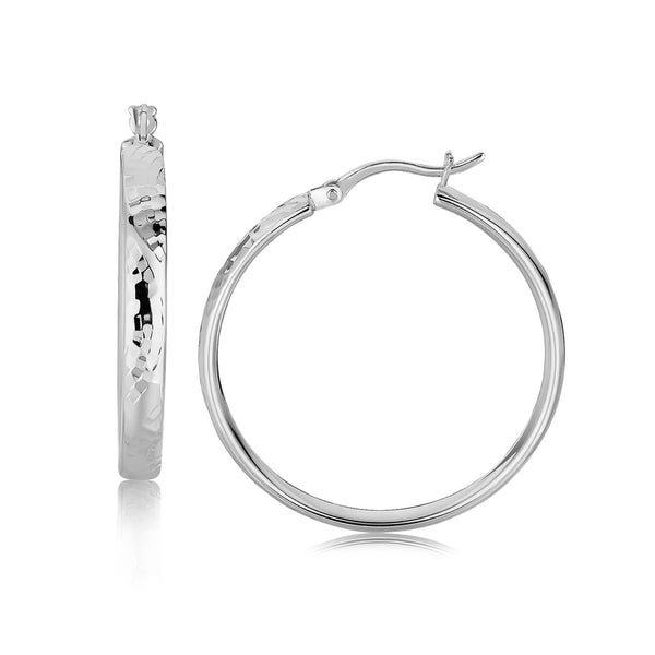 Sterling Silver Hammered Style Hoop Earrings with Rhodium Plating (30mm) - Premium Earrings - Just $87.99! Shop now at Pulse Designer Fashion