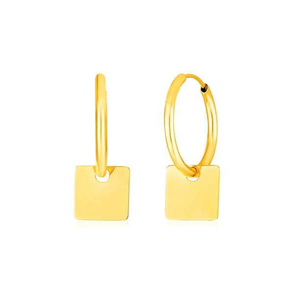 14k Yellow Gold Huggie Style Hoop Earrings with Square Drops - Premium Earrings - Just $198.99! Shop now at Pulse Designer Fashion