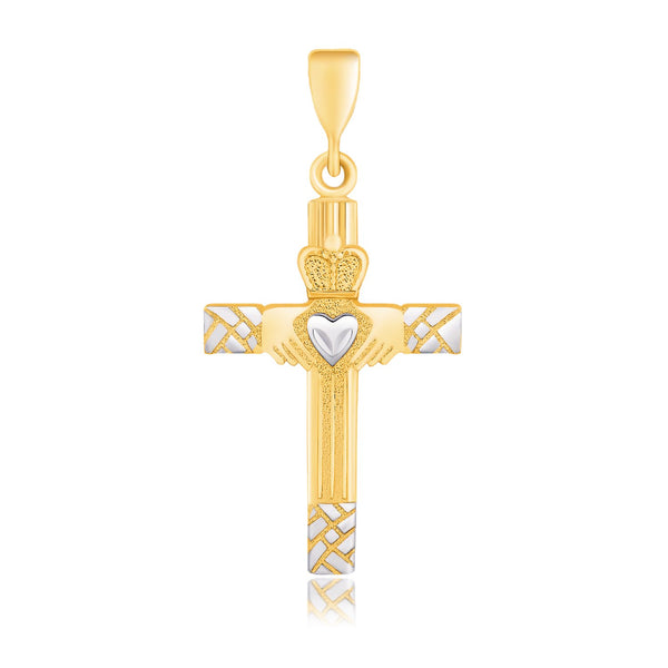 14k Two-Tone Gold Cross Pendant with a Claddagh Motif - Premium Pendants - Just $295.99! Shop now at Pulse Designer Fashion