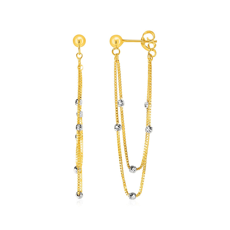 Hanging Chain Post Earrings with Bead Accents in 14k Yellow and White Gold - Premium Earrings - Just $376.99! Shop now at Pulse Designer Fashion