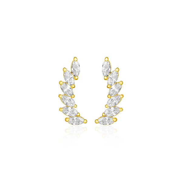 14k Yellow Gold Leaf Motif Climber Post Earrings with Marquise Cubic Zirconias - Premium Earrings - Just $235.99! Shop now at Pulse Designer Fashion