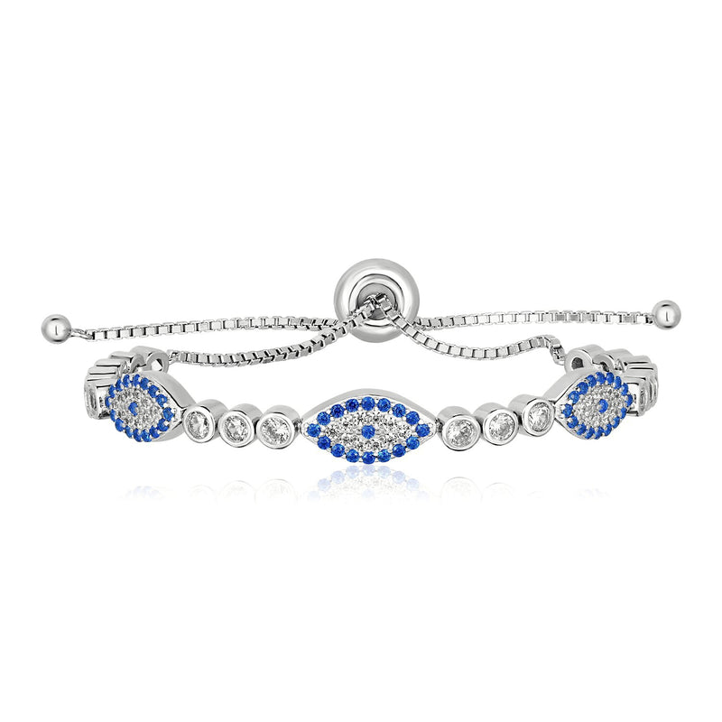 Sterling Silver Adjustable Enameled Evil Eye Bracelet with Cubic Zirconias - Premium Bracelets - Just $146.99! Shop now at Pulse Designer Fashion