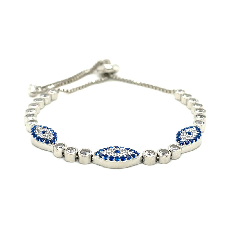 Sterling Silver Adjustable Enameled Evil Eye Bracelet with Cubic Zirconias - Premium Bracelets - Just $146.99! Shop now at Pulse Designer Fashion