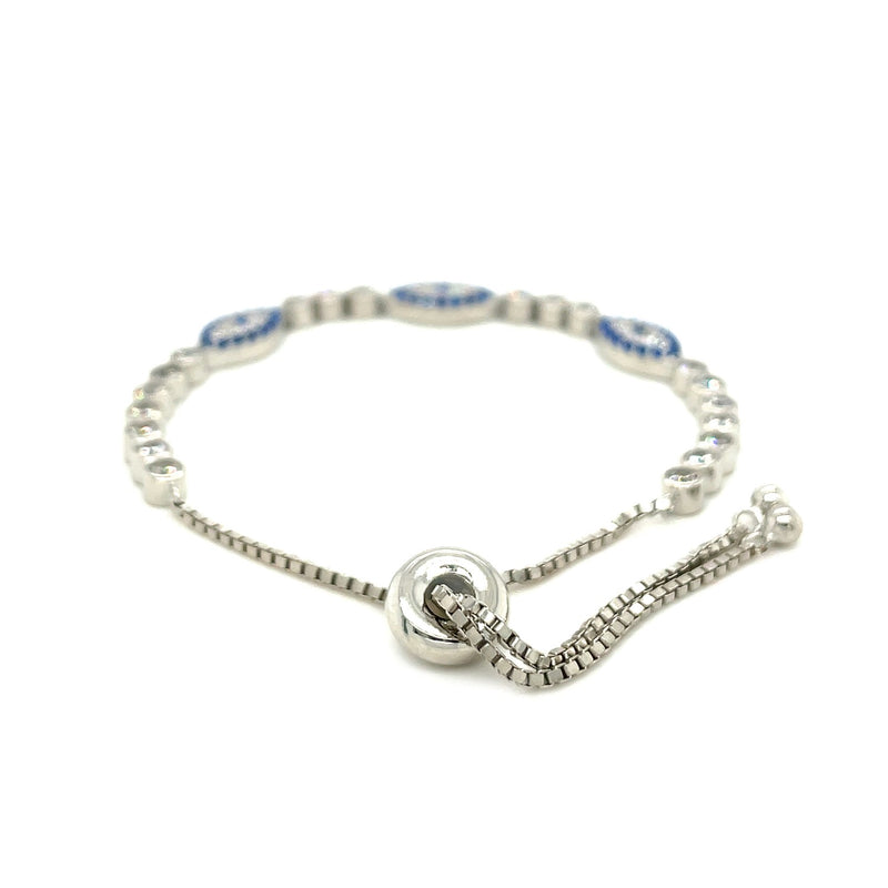 Sterling Silver Adjustable Enameled Evil Eye Bracelet with Cubic Zirconias - Premium Bracelets - Just $146.99! Shop now at Pulse Designer Fashion