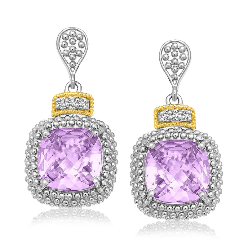 18k Yellow Gold & Sterling Silver Cushion Amethyst & Diamond Earrings (.05cttw) - Premium Earrings - Just $505.99! Shop now at Pulse Designer Fashion