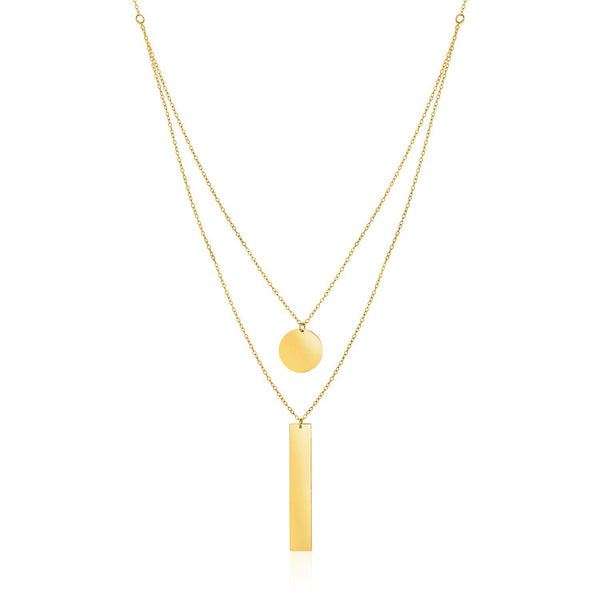 14k Yellow Gold 18 inch Two Strand Necklace with Circle and Bar Pendants - Premium Necklaces - Just $571.99! Shop now at Pulse Designer Fashion