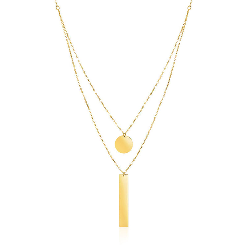 14k Yellow Gold 18 inch Two Strand Necklace with Circle and Bar Pendants - Premium Necklaces - Just $571.99! Shop now at Pulse Designer Fashion