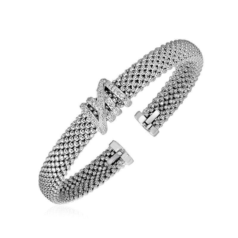 Popcorn Texture Cuff Bangle with Diamonds in Sterling Silver - Premium Bangles - Just $606.99! Shop now at Pulse Designer Fashion