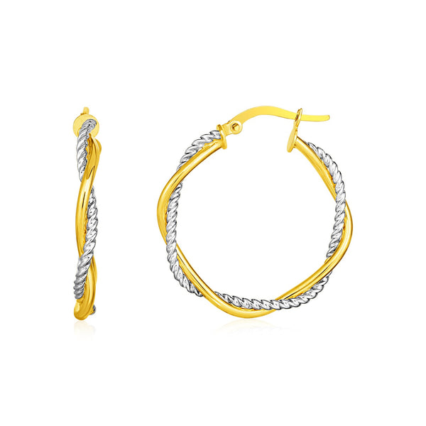 14k Yellow and White Gold Two Part Textured Twisted Round Hoop Earrings - Premium Earrings - Just $395.99! Shop now at Pulse Designer Fashion