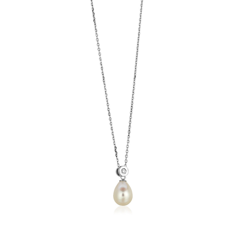 Sterling Silver Necklace with Pear Shaped Pearl and Cubic Zirconias - Premium Necklaces - Just $40.99! Shop now at Pulse Designer Fashion