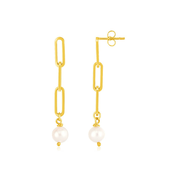 14k Yellow Gold Paperclip Chain Link Earrings with Pearls - Premium Earrings - Just $343.99! Shop now at Pulse Designer Fashion