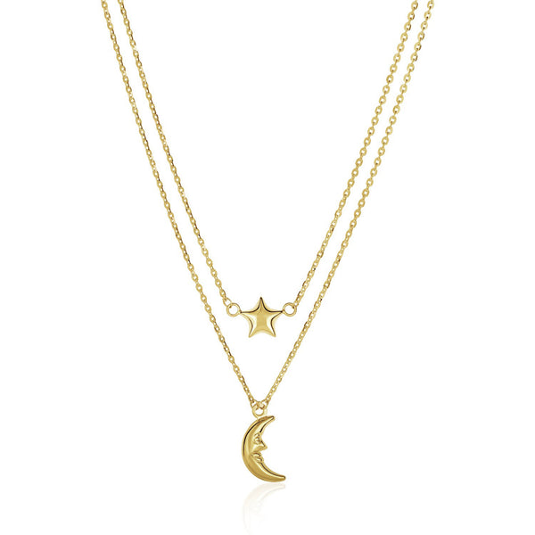 14k Yellow Gold Double-Strand Chain Necklace with Puff Moon and Star - Premium Necklaces - Just $472.99! Shop now at Pulse Designer Fashion