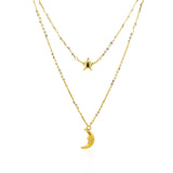 14k Yellow Gold Double-Strand Chain Necklace with Puff Moon and Star - Premium Necklaces - Just $472.99! Shop now at Pulse Designer Fashion