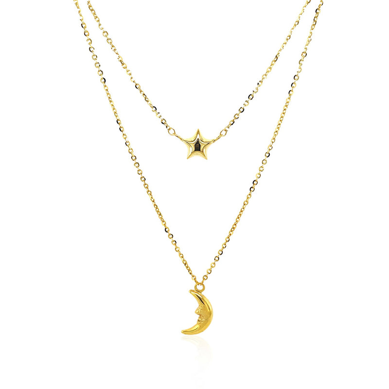 14k Yellow Gold Double-Strand Chain Necklace with Puff Moon and Star - Premium Necklaces - Just $472.99! Shop now at Pulse Designer Fashion