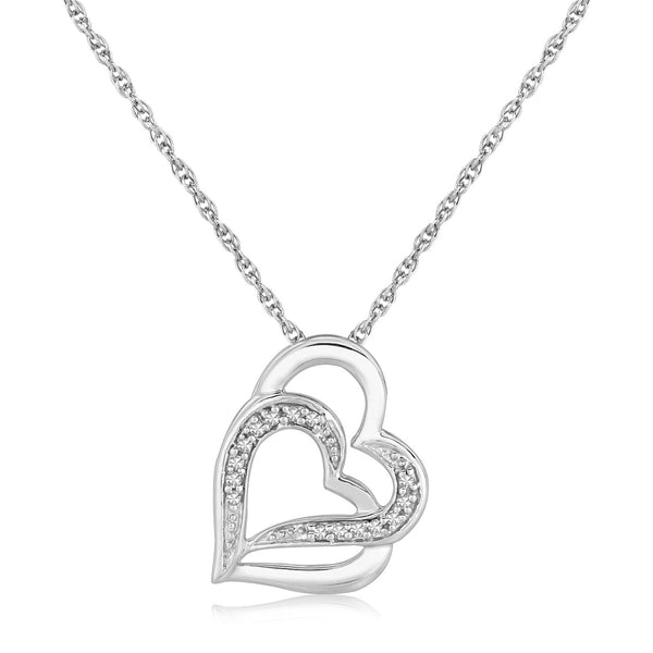 Sterling Silver Dual Heart Motif Pendant with Diamonds (.06 cttw) - Premium Pendants - Just $192.99! Shop now at Pulse Designer Fashion