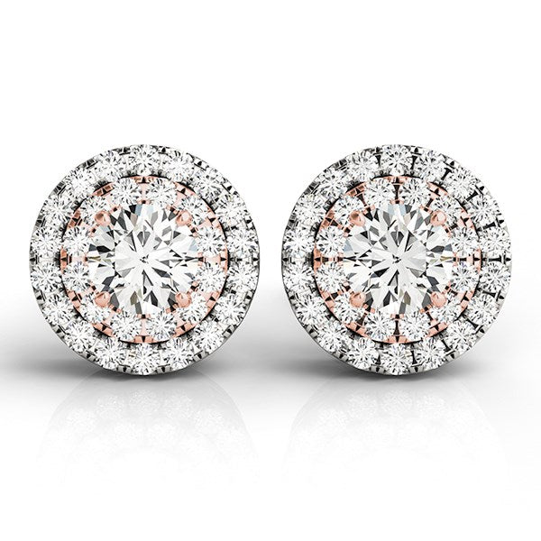 14k White and Rose Gold Round Halo Diamond Earrings (3/4 cttw) - Premium Earrings - Just $3415.99! Shop now at Pulse Designer Fashion