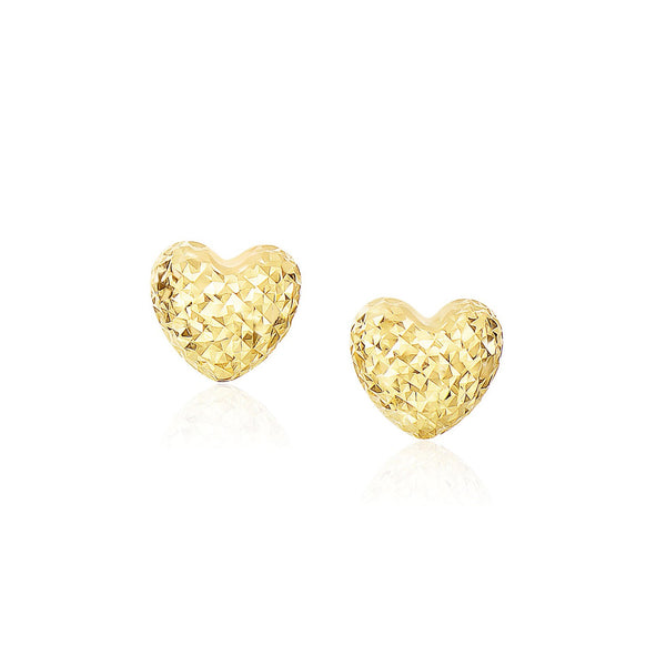 14k Yellow Gold Puffed Heart Earrings with Diamond Cuts - Premium Earrings - Just $231.99! Shop now at Pulse Designer Fashion