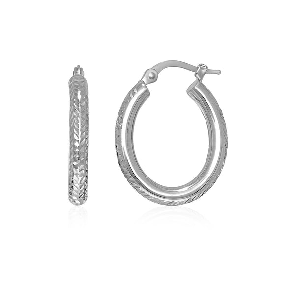 14k White Gold Diamond Cut Textured Oval Hoop Earrings. - Premium Earrings - Just $285.99! Shop now at Pulse Designer Fashion